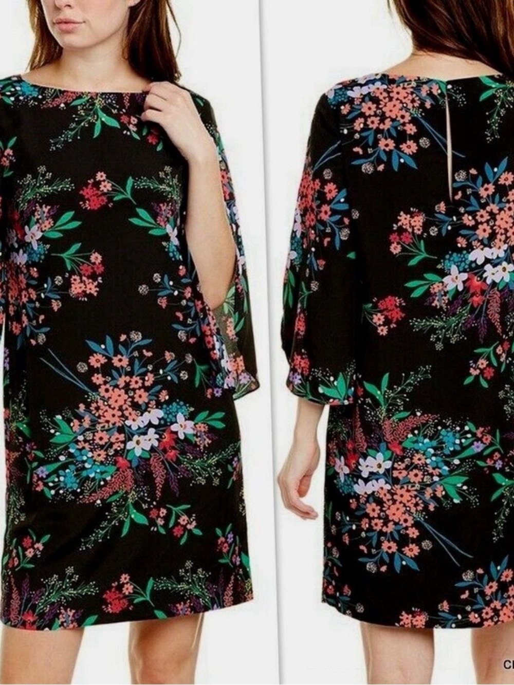Trina Turk Black Mini Dress with Pink, Green & Blue Floral Print